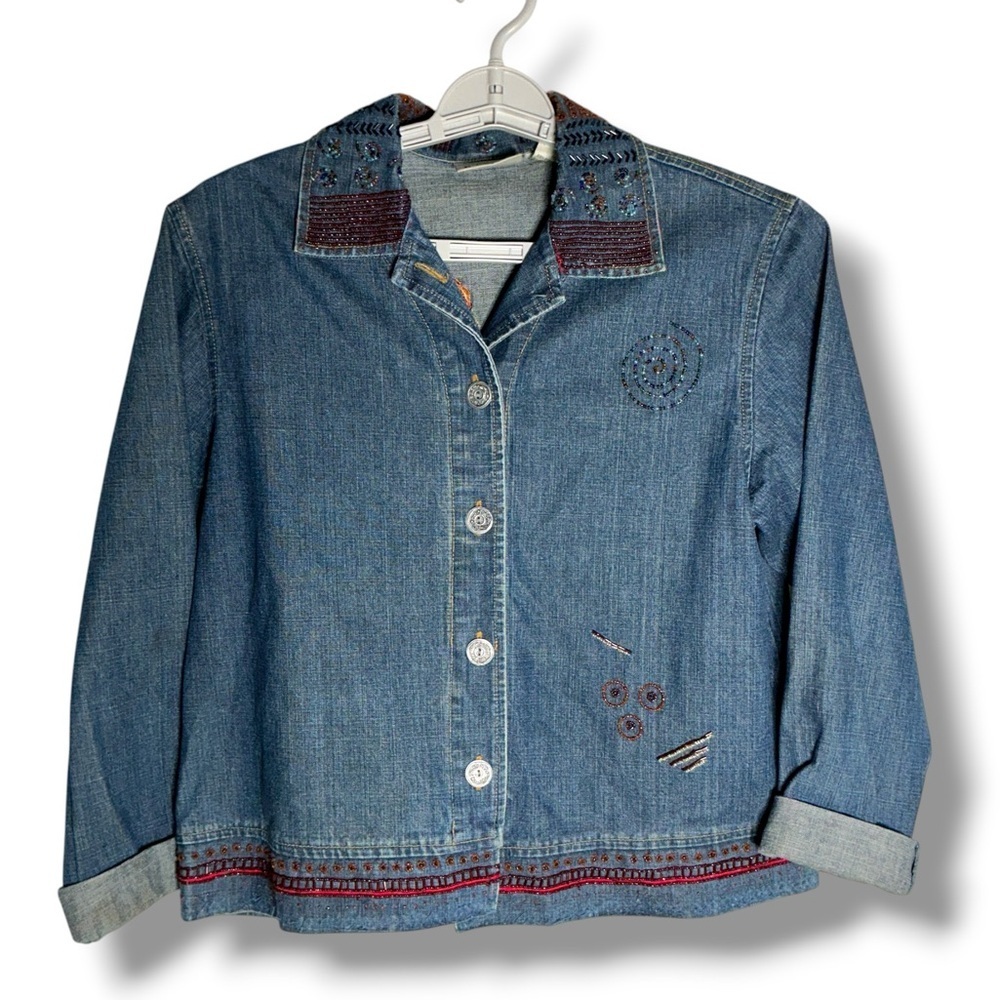 Chico’s Jean Jacket Denim Embroidered Friends Beaded Applique Button Up Small - Picture 2 of 15